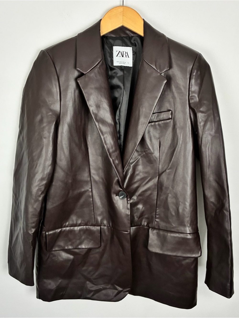 Zara Women's Dark Espresso Vegan Leather Tailored Blazer Jacket Streetwear S